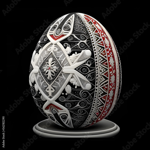 Ukraine Decoration Easter Egg. Generative AI Illustration. Black White and Red Traditional Ukrainian Ornament. Embrodiery Style. photo