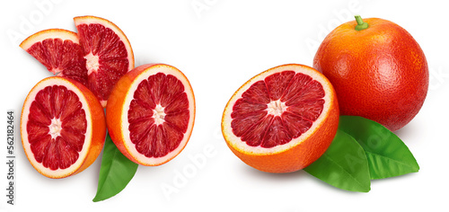 Blood red oranges slices isolated on white background. Top view with copy space for your text. Flat lay