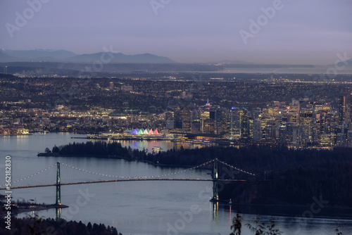 Urban Downtown City and Stanley Park in Vancouver, British Columbia, Canada. Winter Sunset.