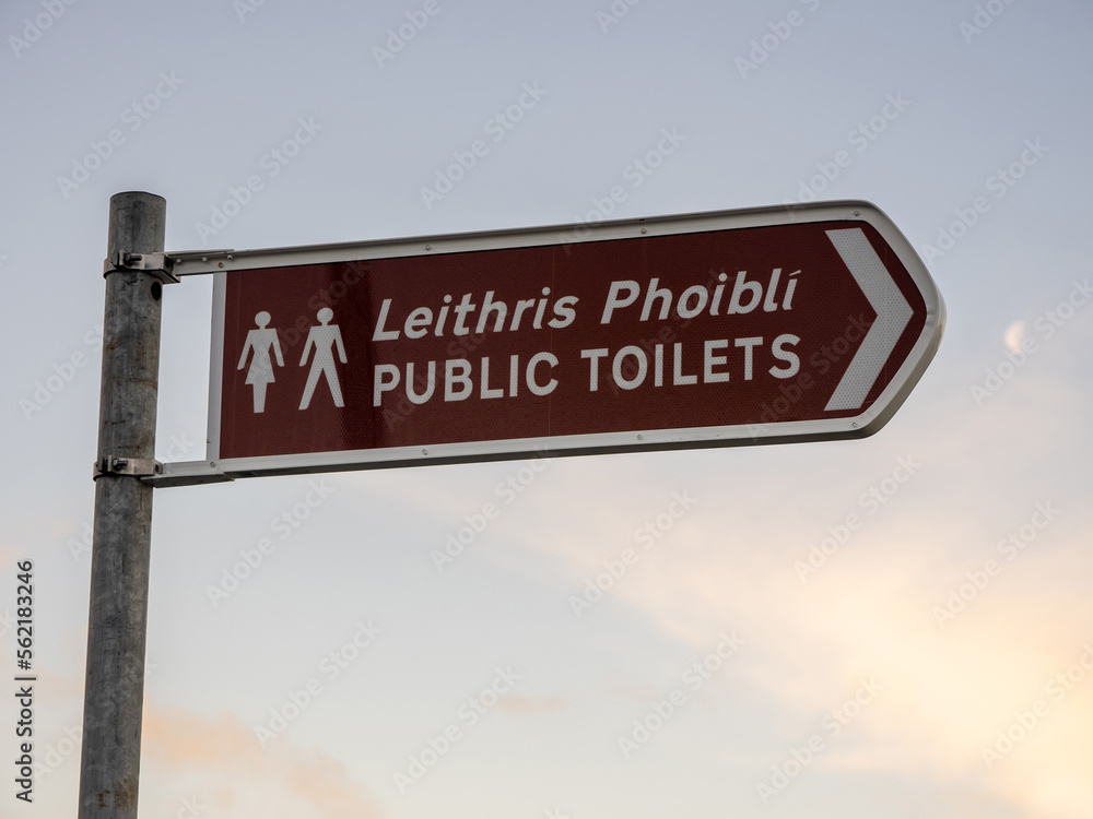 Public toilet sign in Irish and English language with male and female