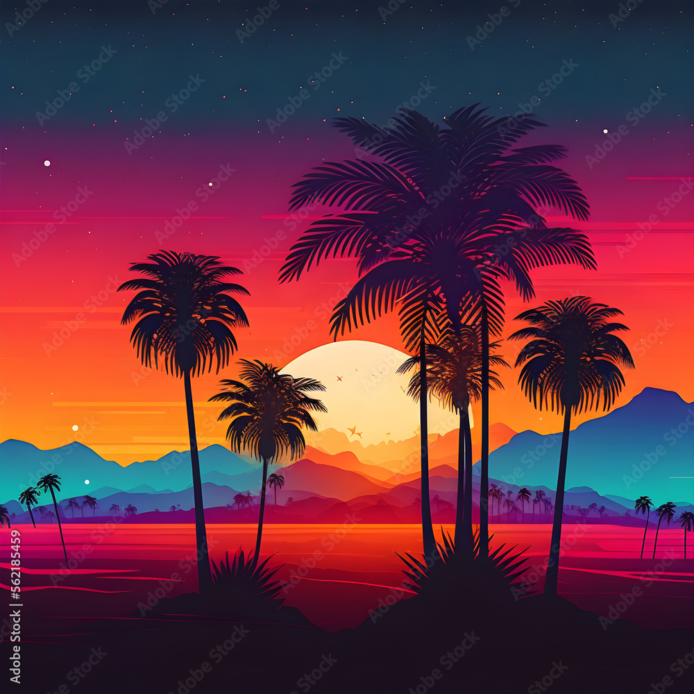 Beach landscape with sunrise, retro illustration