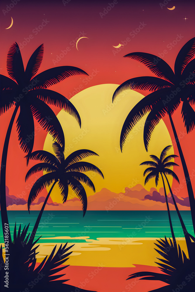 Beach landscape with sunrise, retro illustration Generative AI