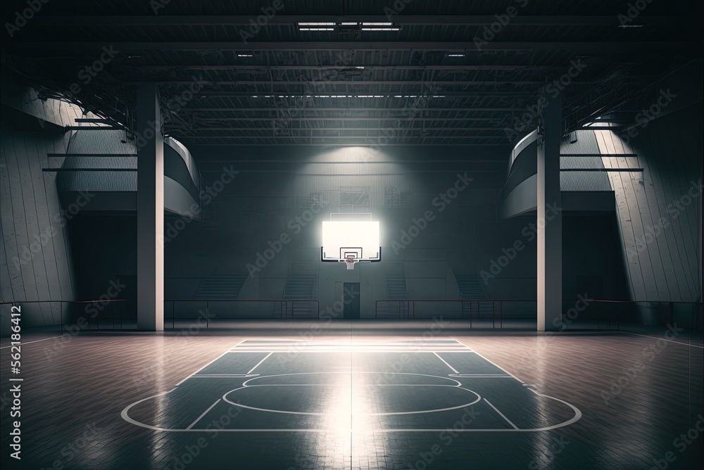 Interior of a basketball court in an indoor stadium that is now vacant