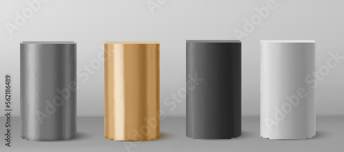 3d Cylinder from different materials pillar isolated on gray background. vector illustration