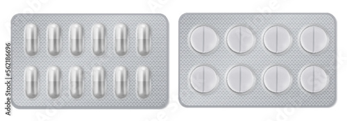 Set of realistic blisters for pills. Medicinal capsules and tablets in a blister pack. Vector illustration