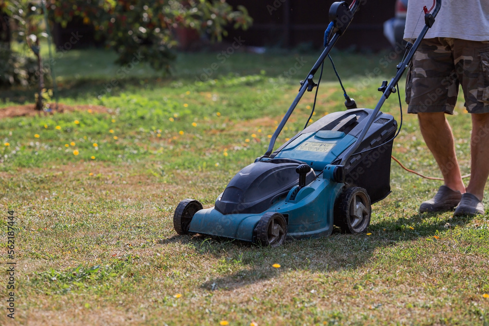 Obraz premium Banner. A human lawn mower cuts the grass in the backyard. Agricultural machinery for the care of the garden.