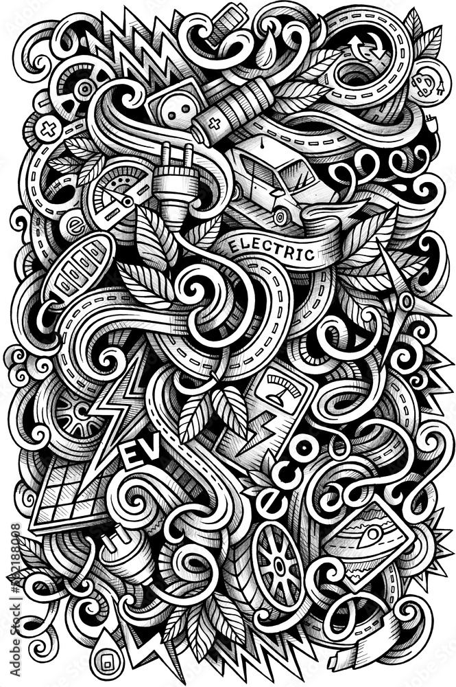 Electric Vehicles doodle graphic hand-drawn illustration Electric Vehicles doodle graphic hand-drawn illustration