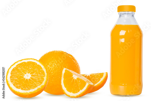 Orange set. Whole orange, slices, juice in a bottle. Isolated on white background.