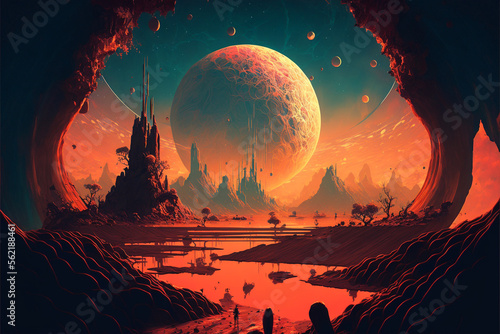 Alien World Landscape in Orange and Red, Many Moons, Post-Impressionism, (Generative AI)