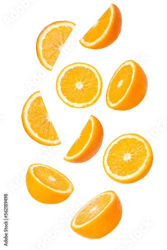Set of oranges. pieces flying in the air. Isolated on white background.