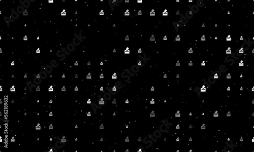 Seamless background pattern of evenly spaced white vote symbols of different sizes and opacity. Vector illustration on black background with stars