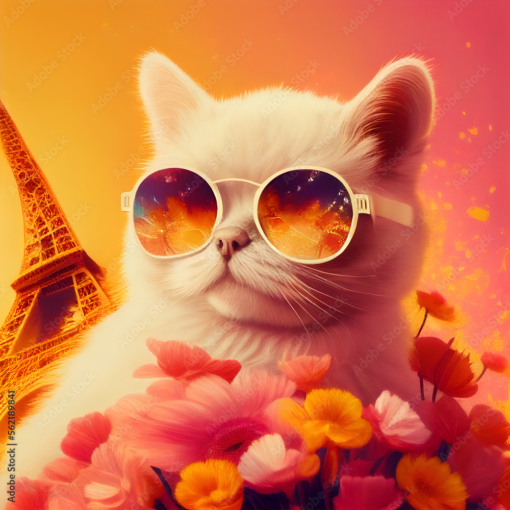 Ai generated white furry cat with sunglasses and flowers in Paris 