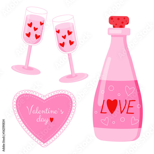 Saint Valentine s day vector set. Heart, bottle of champagne, glasses with hearts