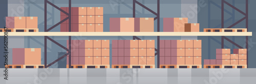 Warehouse interior box on rack and logistic delivery service horizontal banner concept flat vector illustration.