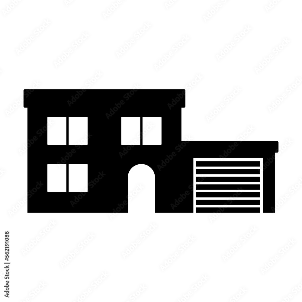 Two storey house with garage icon. Black silhouette. Front view. Vector simple flat graphic illustration. Isolated object on a white background. Isolate.