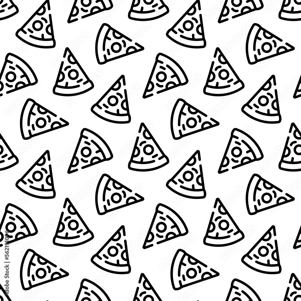 Small black contour linear pizza slices isolated on white background. Cute monochrome seamless pattern. Vector simple flat graphic illustration. Texture. Small black contour linear pizza slices isolated on white background. Cute monochrome seamless pattern. Vector simple flat graphic illustration. Texture.