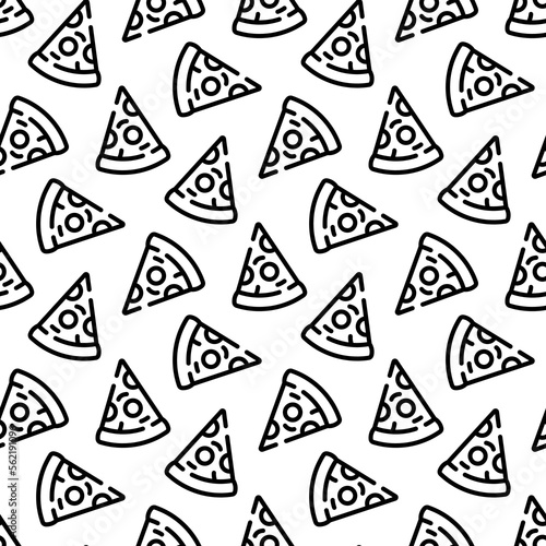 Small black contour linear pizza slices isolated on white background. Cute monochrome seamless pattern. Vector simple flat graphic illustration. Texture.