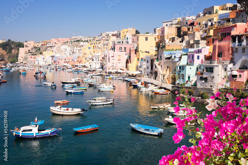 Procida island colorful town with harbor at summer with flowers, Italy