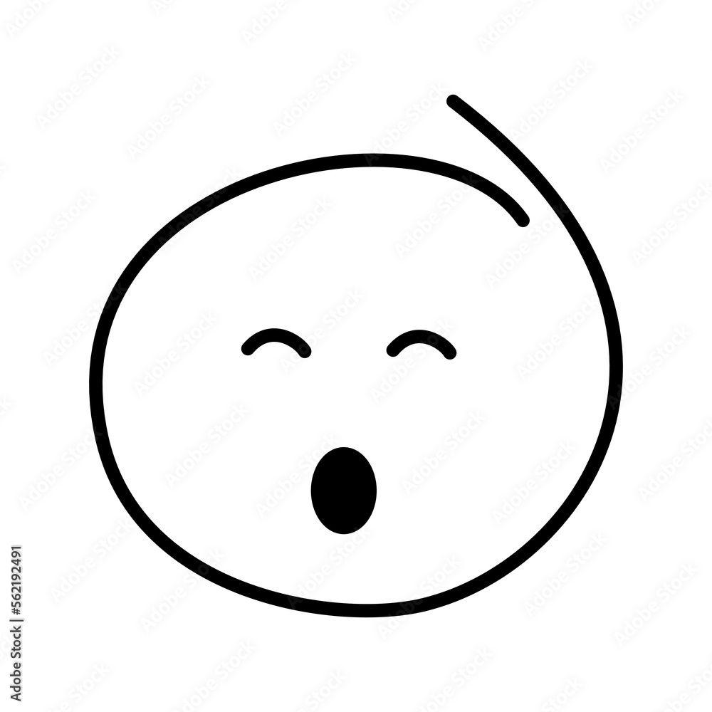 Fototapeta premium Black and white drawn emoticon sleepy yawns with closed eyes