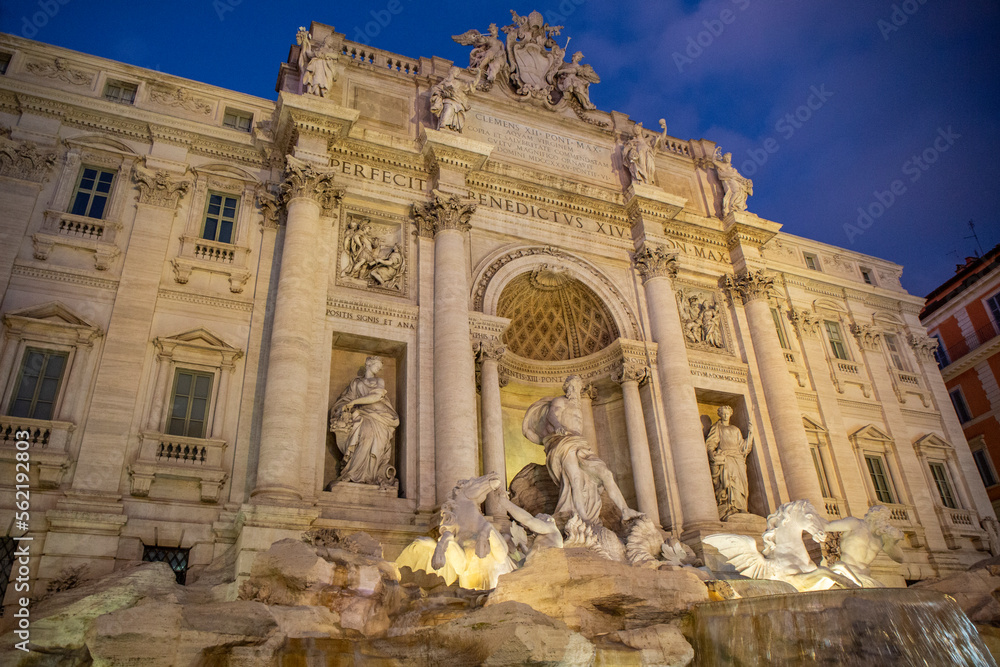 The Trebi Fountain in the middle of Rome, one of the largest fountains in the city, seen at night