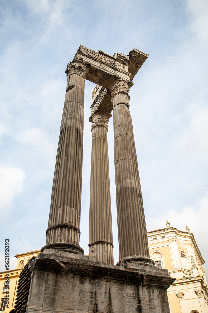 Roman columns in the Marcello theater in the center of Rome. on cloudy day