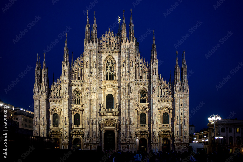 The Duomo of Milan in Italy, majestic and illuminated at night