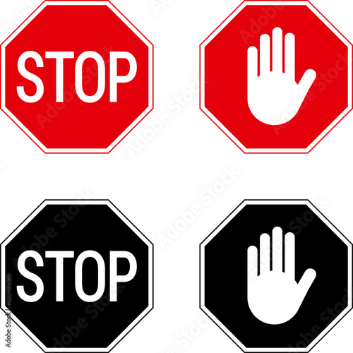 Stop sign vector image illustration. Forbidden sign. Hand prohibited. Forbidden access. Symbol ban entry. Icon no entry. Vector illustration isolated on white background.