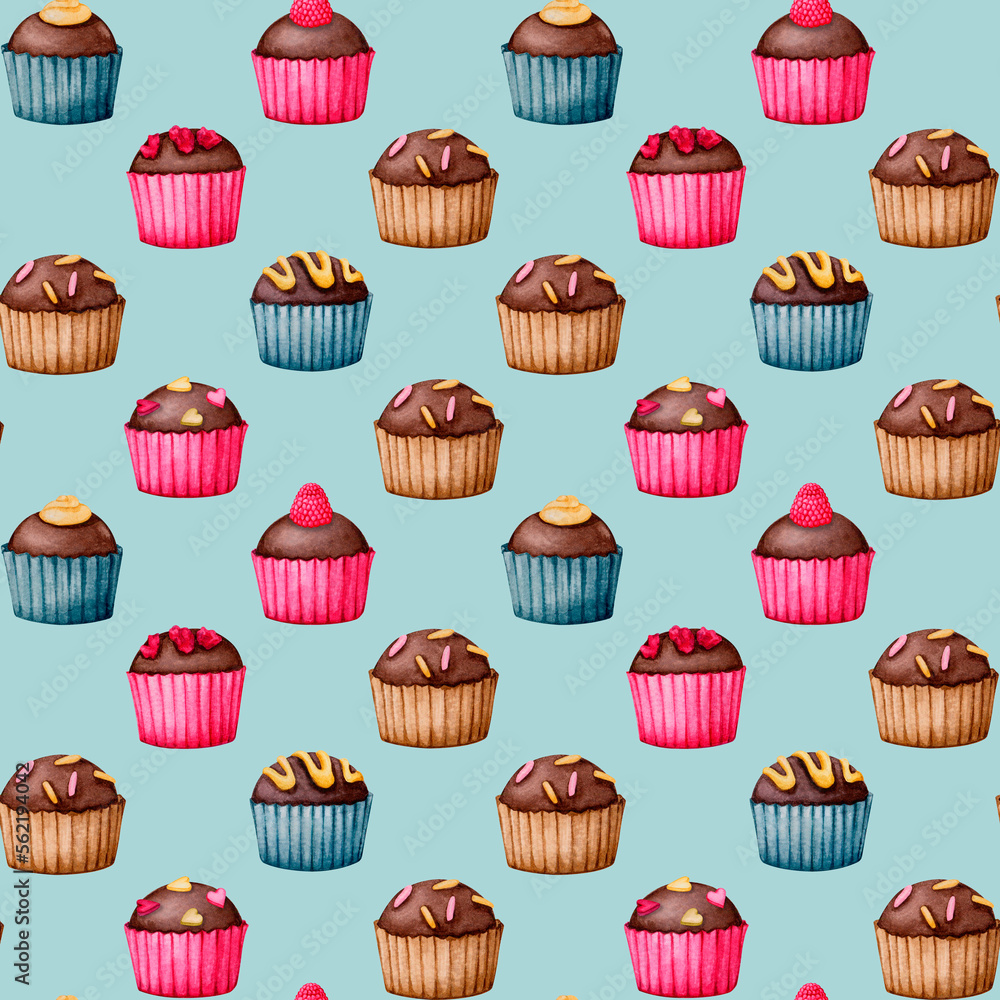 Seamless pattern with chocolates on a blue background. Watercolor design for Valentine's Day, Birthday, Wedding, Anniversary. Ideal for printing on packaging, wrapping, stationery, fabric..