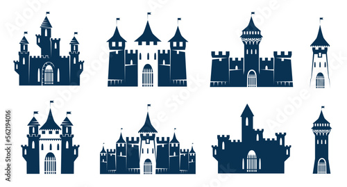 Set of icon of an old fairy tale medieval castle with towers, windows and gates. Vector icon isolated on white background. Silhouette of ancient architecture.
