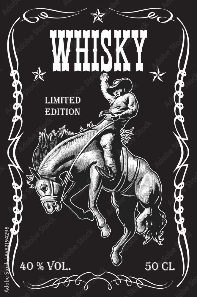 vector image of vintage label with a cowboy riding a wild horse for whiskey in art style	