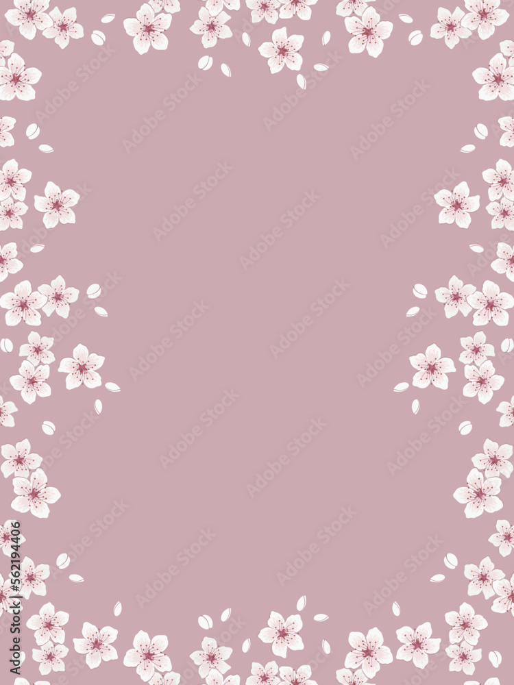 Spring floral frame. Background with blossoming branches of cherry. White flowers and buds on a pink background. Vector illustration Spring floral frame. Background with blossoming branches of cherry. White flowers and buds on a pink background. Vector illustration