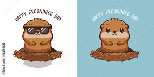 Happy Groundhog Day with Groundhog Vector. Kawaii style..