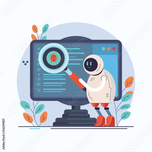 Automated software testing, QA concept. AI in quality assurance. Robot tester finding, searching program bugs, mistakes. Debugging automation. Flat vector illustration isolated on white background
