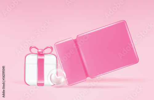 Gift voucher with coupon Percentage. Happy valentine's day gift card Tag label, banner with pink color isolated. 3d rendering.