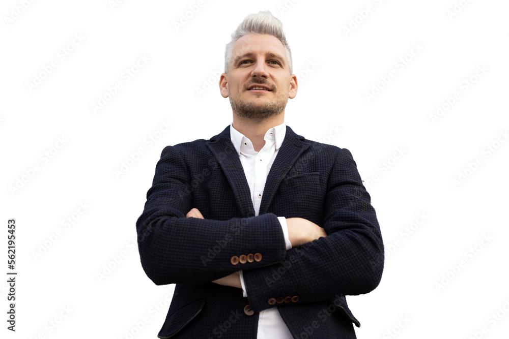 The manager is a successful man with gray hair, in business clothes, arms crossed, on a transparent background. The manager is a successful man with gray hair, in business clothes, arms crossed, on a transparent background.