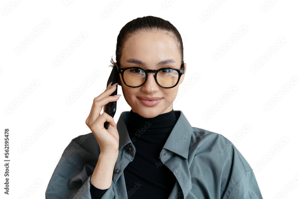 Portrait young Woman with glasses Employee using a phone, isolated transparent background. Portrait young Woman with glasses Employee using a phone, isolated transparent background.