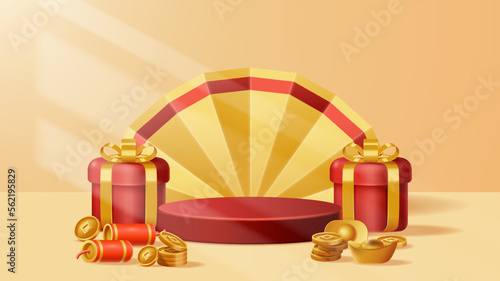 Chinese New Year display podium decoration background with chinese ornament. Vector 3D Illustration