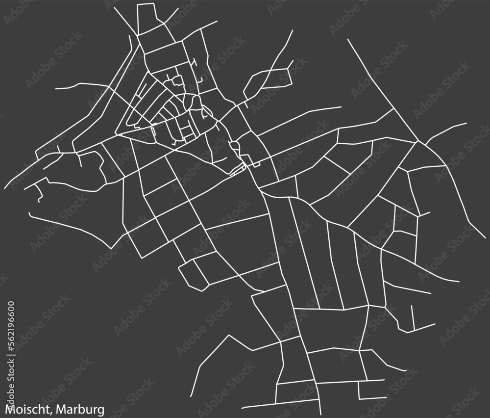 Detailed navigation black lines urban street roads map of the MOISCHT DISTRICT of the German town of MARBURG, Germany on vintage beige background