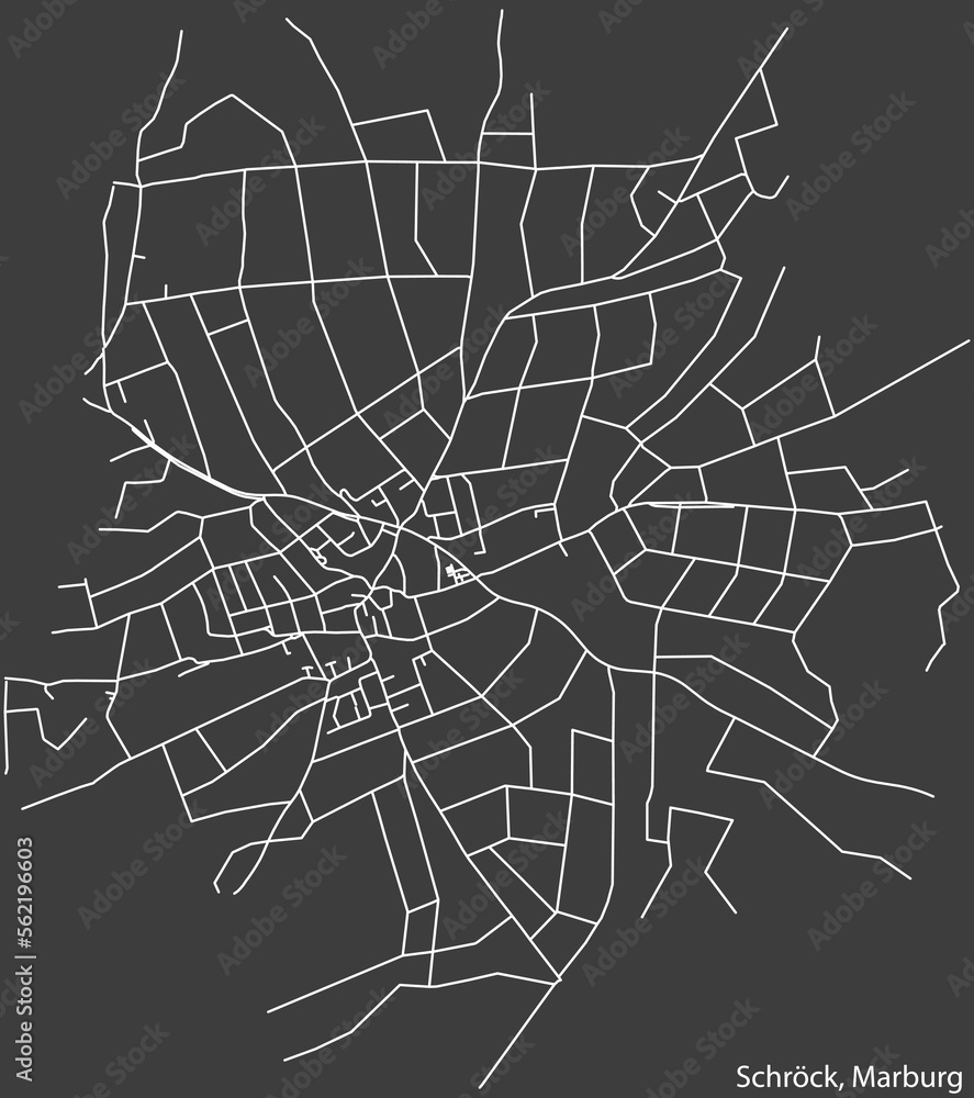 Detailed navigation black lines urban street roads map of the SCHRÖCK DISTRICT of the German town of MARBURG, Germany on vintage beige background