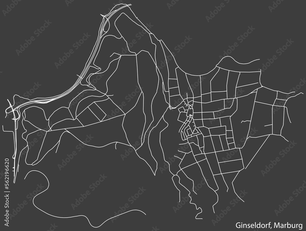 Detailed negative navigation white lines urban street roads map of the GINSELDORF DISTRICT of the German town of MARBURG, Germany on dark gray background