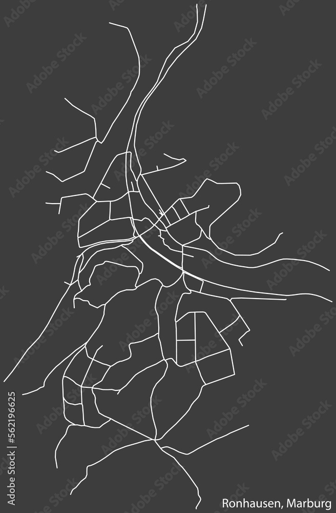 Detailed negative navigation white lines urban street roads map of the RONHAUSEN DISTRICT of the German town of MARBURG, Germany on dark gray background Detailed negative navigation white lines urban street roads map of the RONHAUSEN DISTRICT of the German town of MARBURG, Germany on dark gray background