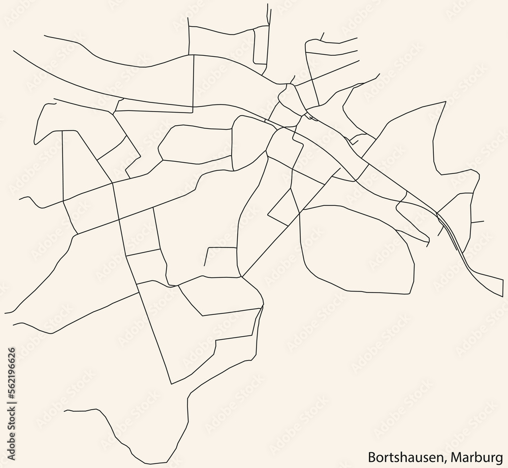 Detailed navigation black lines urban street roads map of the BORTSHAUSEN DISTRICT of the German town of MARBURG, Germany on vintage beige background
