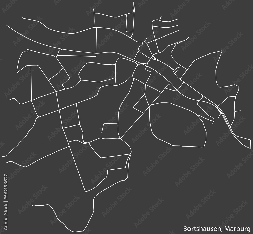 Detailed negative navigation white lines urban street roads map of the BORTSHAUSEN DISTRICT of the German town of MARBURG, Germany on dark gray background