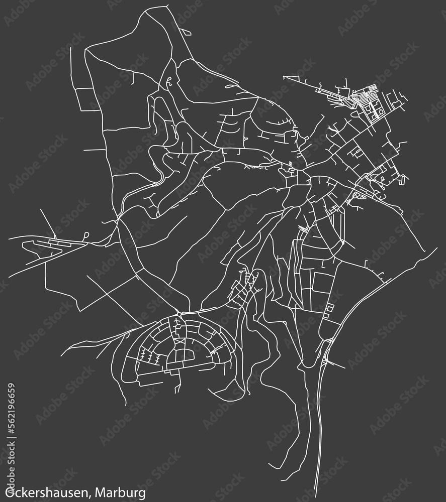 Detailed negative navigation white lines urban street roads map of the OCKERSHAUSEN DISTRICT of the German town of MARBURG, Germany on dark gray background