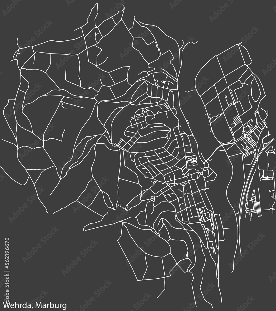 Detailed negative navigation white lines urban street roads map of the WEHRDA DISTRICT of the German town of MARBURG, Germany on dark gray background