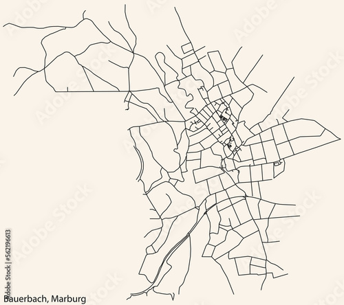 Detailed navigation black lines urban street roads map of the BAUERBACH DISTRICT of the German town of MARBURG  Germany on vintage beige background