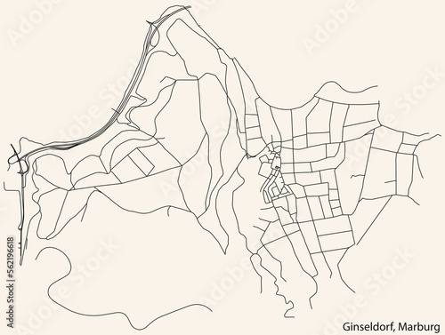 Fototapeta Naklejka Na Ścianę i Meble -  Detailed navigation black lines urban street roads map of the GINSELDORF DISTRICT of the German town of MARBURG, Germany on vintage beige background