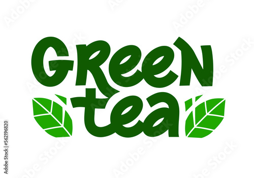 Green tea logo design, vector label for brand. Hand-drawn lettering. Template calligraphy decorated simple green leaves.