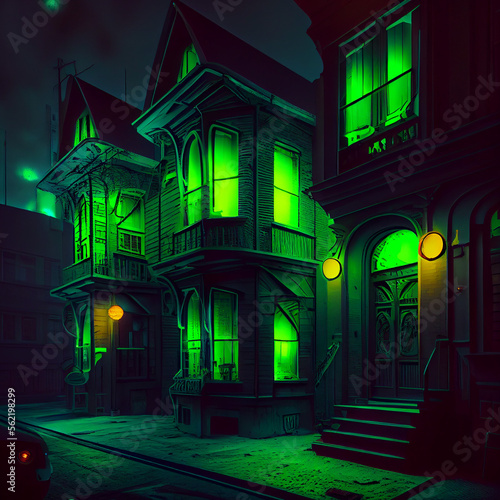 City street at night.Houses and buildings with glowing lanterns and windows.Empty road and wet asphalt in neon light.Created with artificial intelligence.
