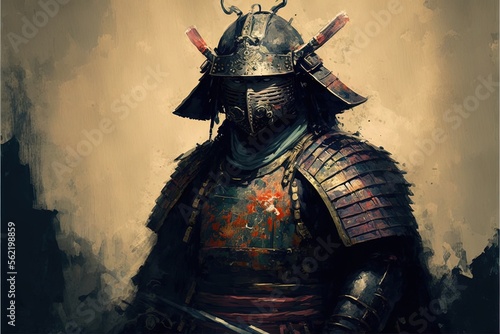 Samurai warrior painting with armor, background. AI digital illustration